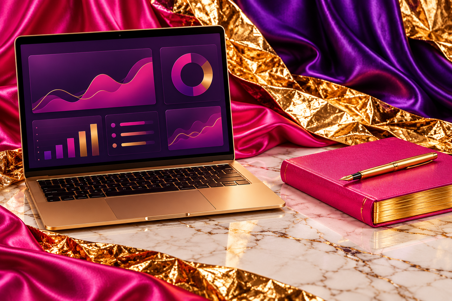Luxury HK creative workspace with a gold laptop, pink journal and gold pen against purple, pink and gold foil