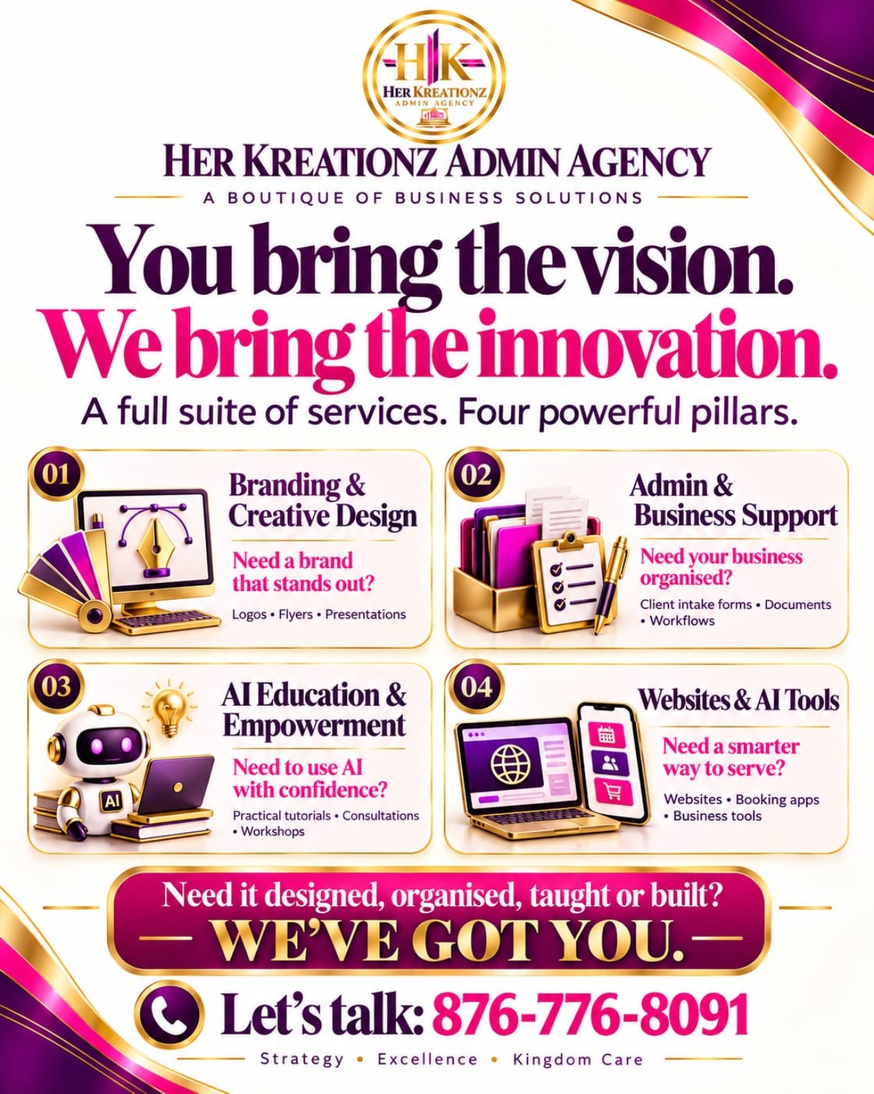 HER KREATIONZ four-pillar service flyer. Branding, admin support, AI education, websites and tools. Contact 876-776-8091.